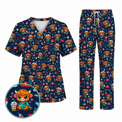 Cute Highland Cow Nurse Scrub Top, Kawaii Medical Pattern Shirt, Breathable Fabrics Nursing Uniform