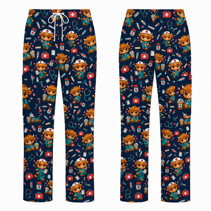 Cute Highland Cow Nurse Scrub Top, Kawaii Medical Pattern Shirt, Breathable Fabrics Nursing Uniform