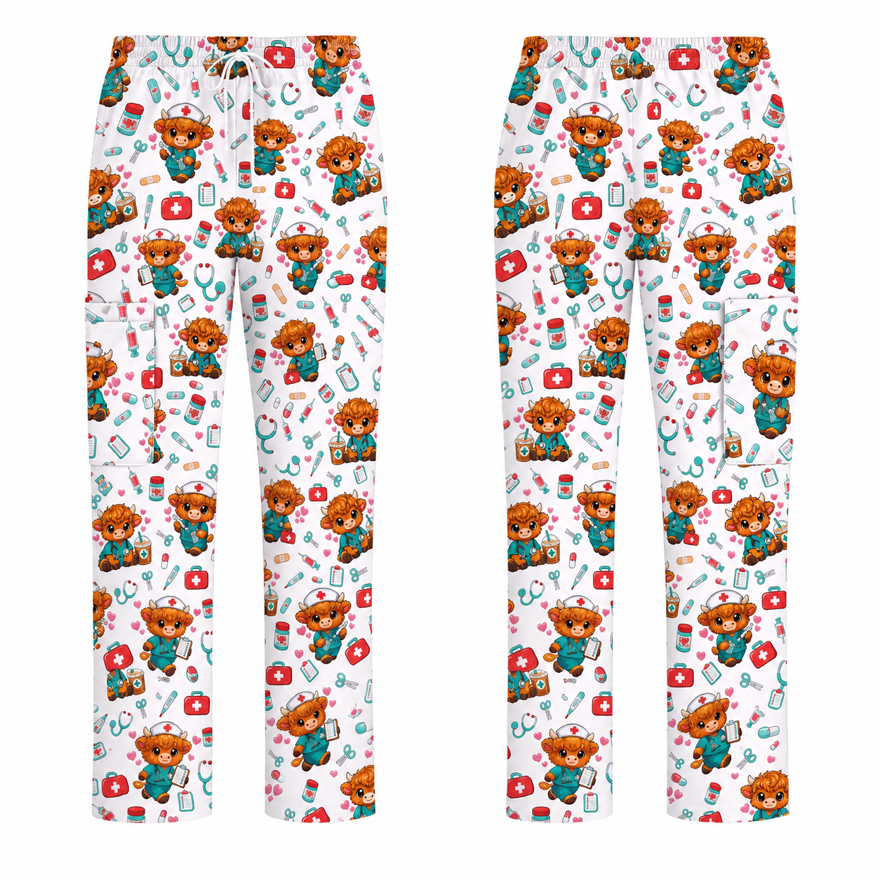 Cute Highland Cow Nurse Scrub Top, Kawaii Medical Pattern Shirt, Breathable Fabrics Nursing Uniform