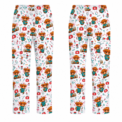 Cute Highland Cow Nurse Scrub Top, Kawaii Medical Pattern Shirt, Breathable Fabrics Nursing Uniform
