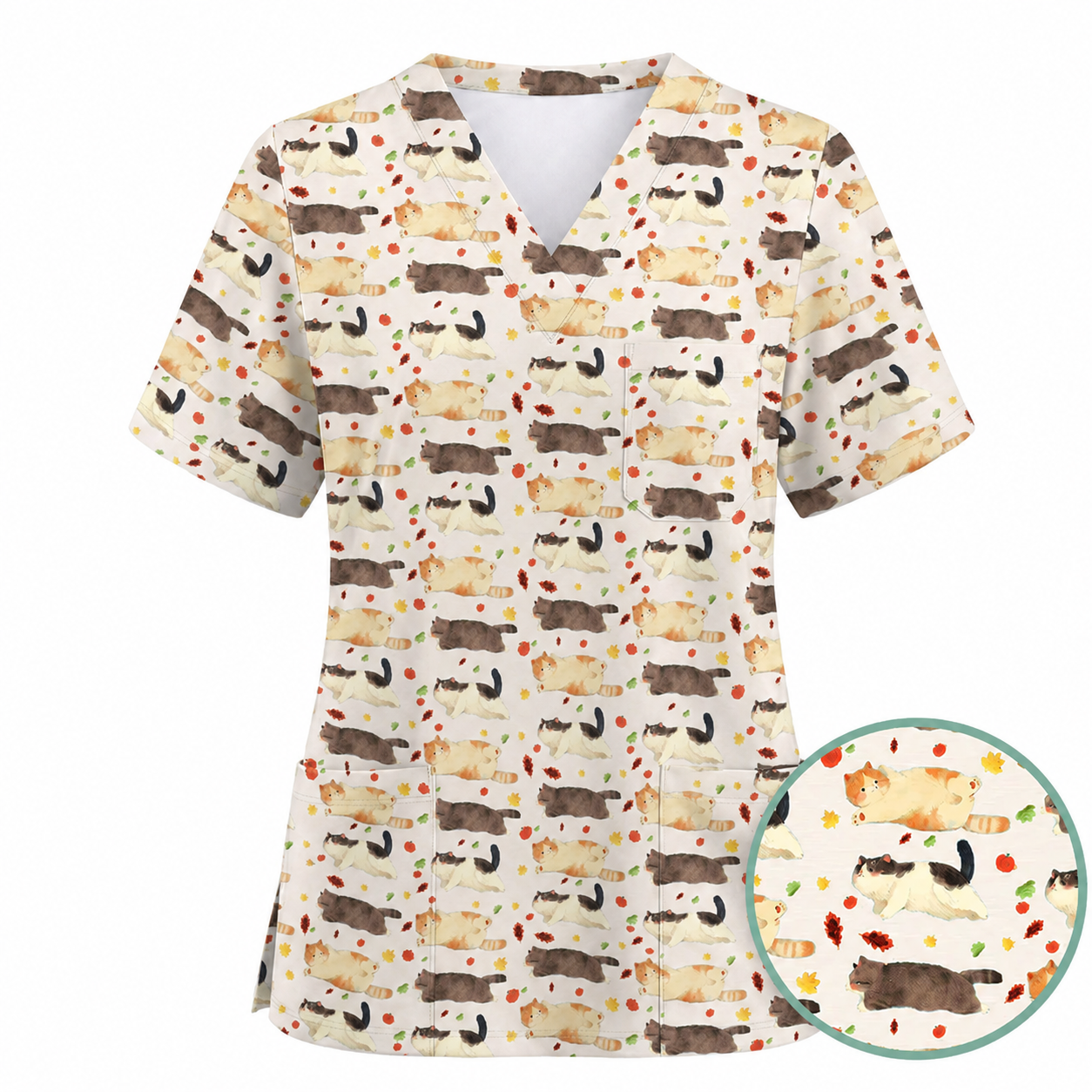 Chubby Cat Autumn Leaves Print Scrub Set, Cat Pattern Scrub For Nursing, Breathable Med Uniform