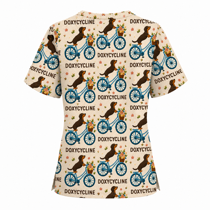 Doxycycline Pharmacy Pun Scrub Top, Dachshund on Bicycle Pharmacists Shirt, Veterinary Technicians Gift