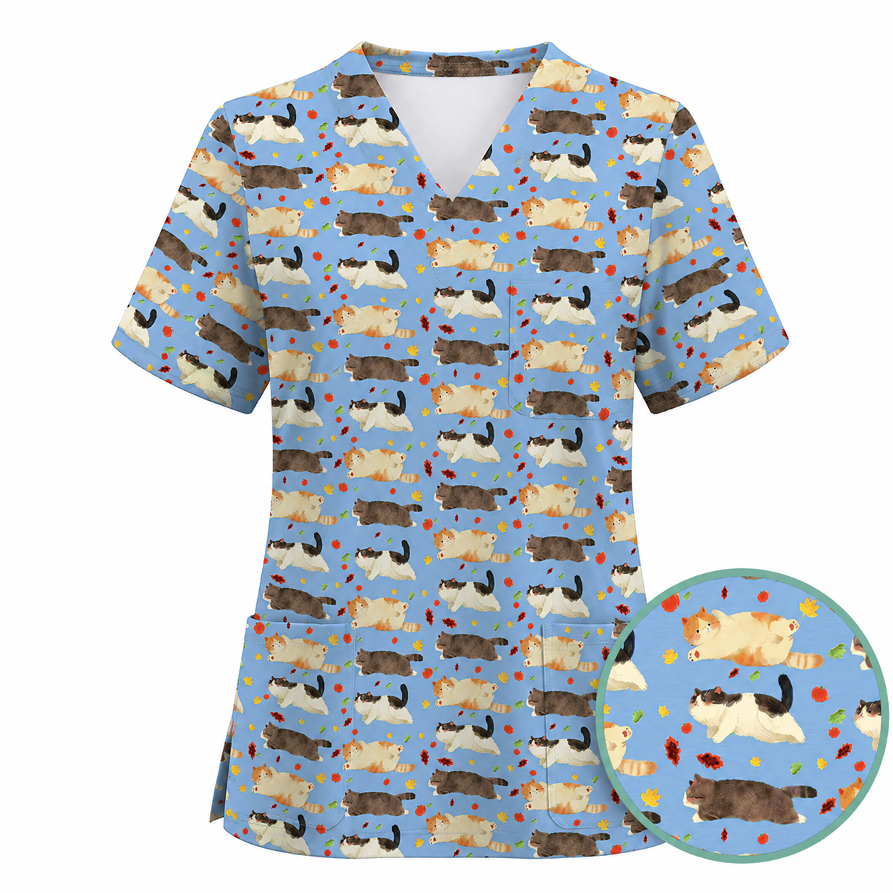 Chubby Cat Autumn Leaves Print Scrub Set, Cat Pattern Scrub For Nursing, Breathable Med Uniform
