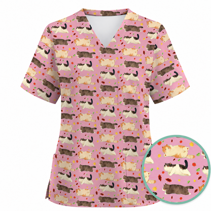 Chubby Cat Autumn Leaves Print Scrub Set, Cat Pattern Scrub For Nursing, Breathable Med Uniform