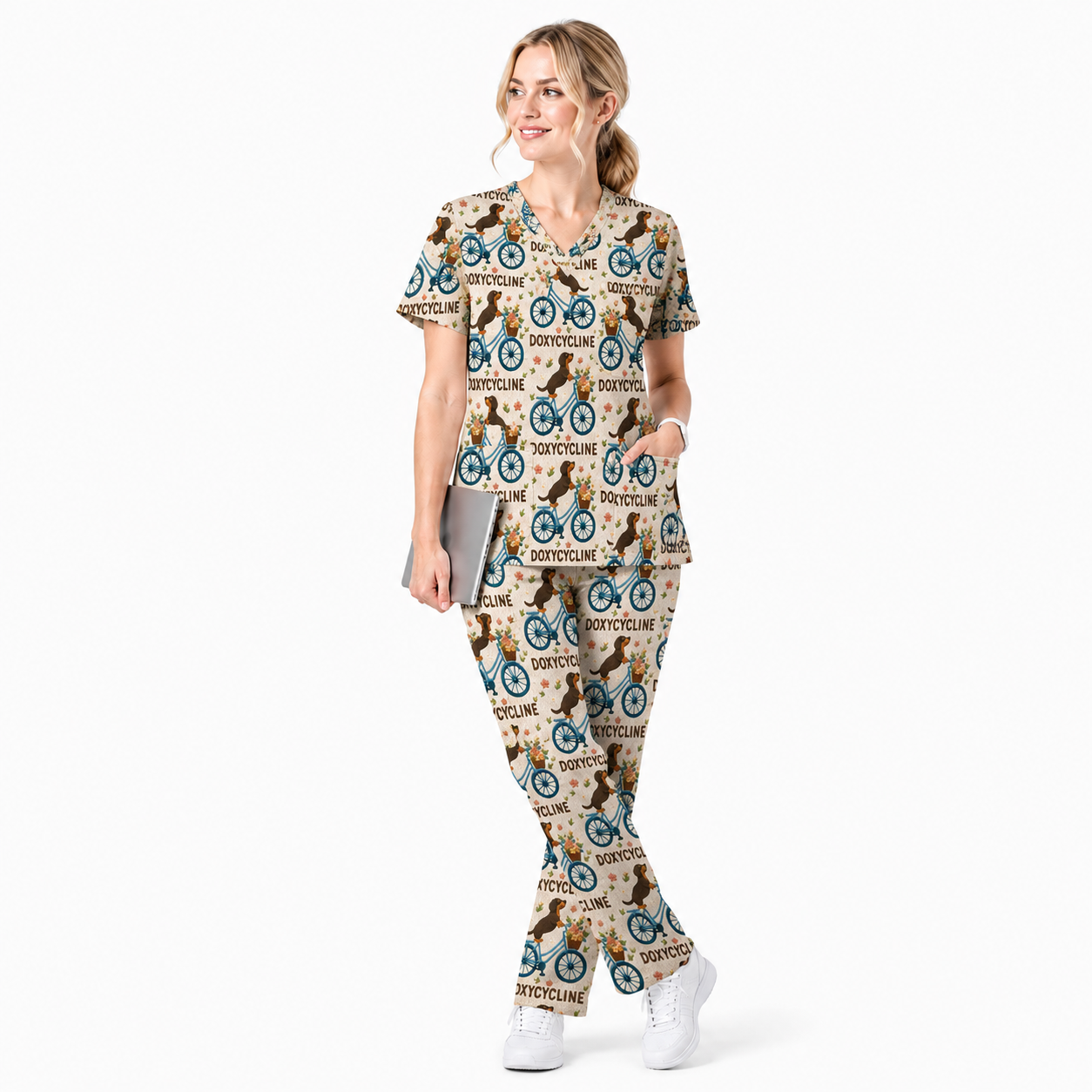 Doxycycline Pharmacy Pun Scrub Top, Dachshund on Bicycle Pharmacists Shirt, Veterinary Technicians Gift