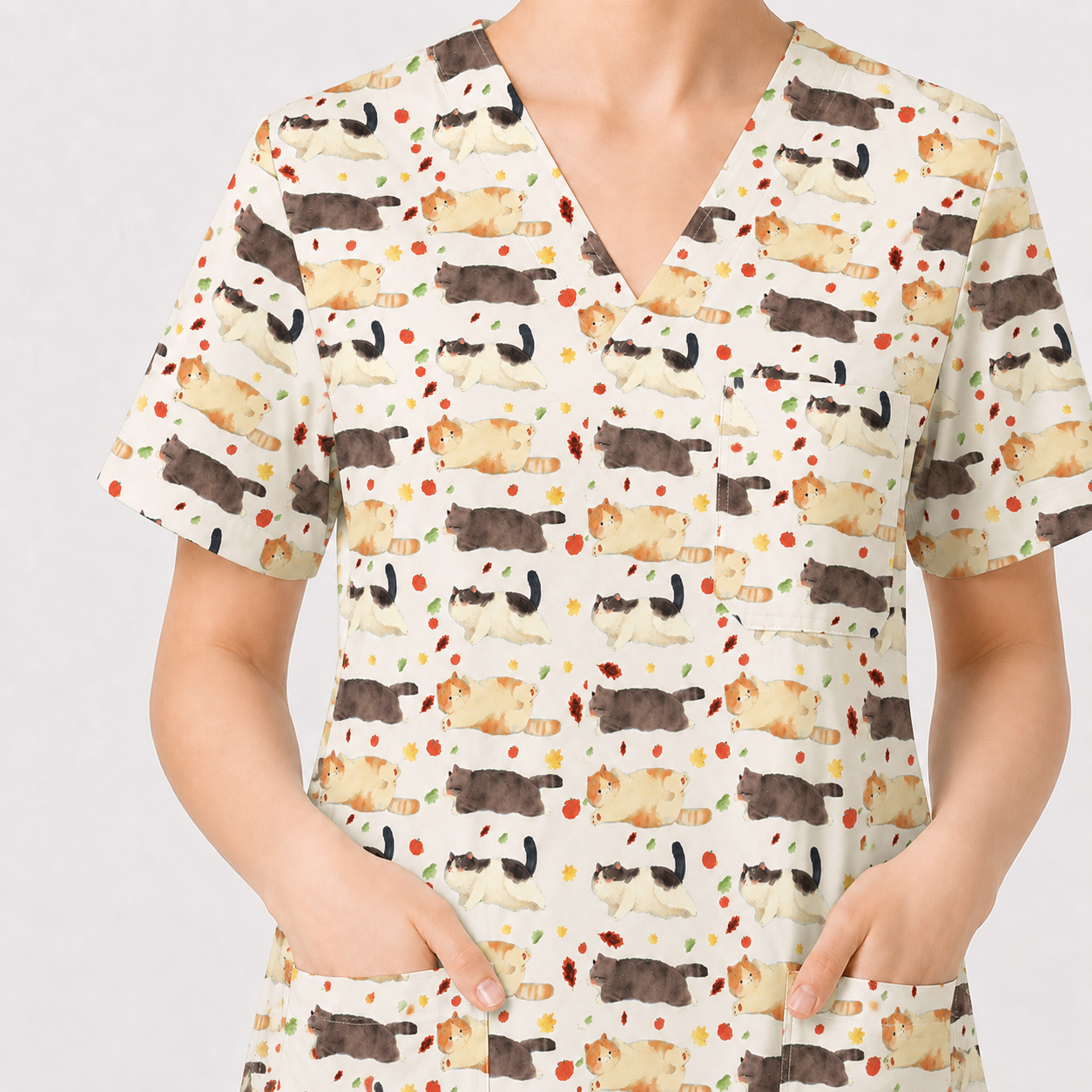 Chubby Cat Autumn Leaves Print Scrub Set, Cat Pattern Scrub For Nursing, Breathable Med Uniform