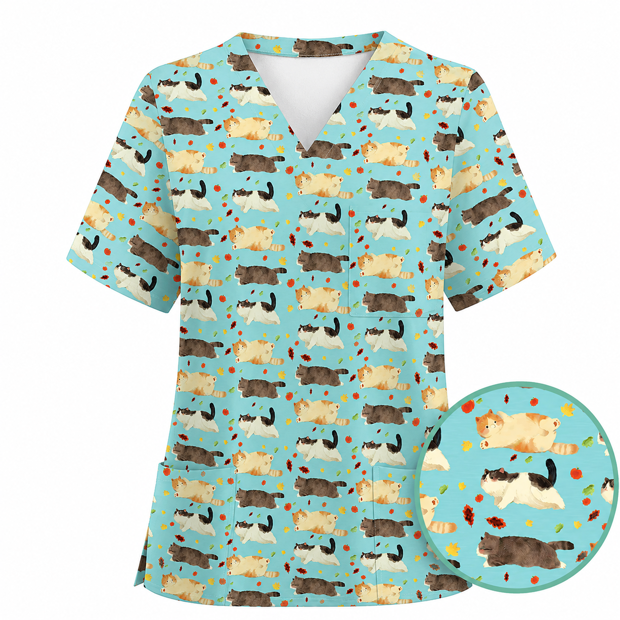 Chubby Cat Autumn Leaves Print Scrub Set, Cat Pattern Scrub For Nursing, Breathable Med Uniform