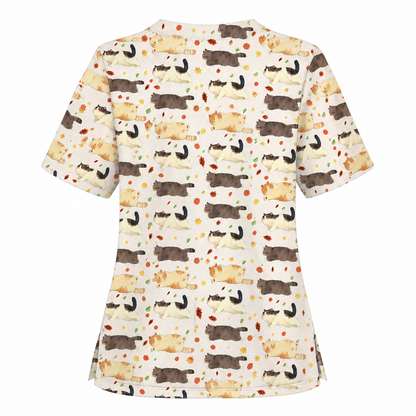 Chubby Cat Autumn Leaves Print Scrub Set, Cat Pattern Scrub For Nursing, Breathable Med Uniform