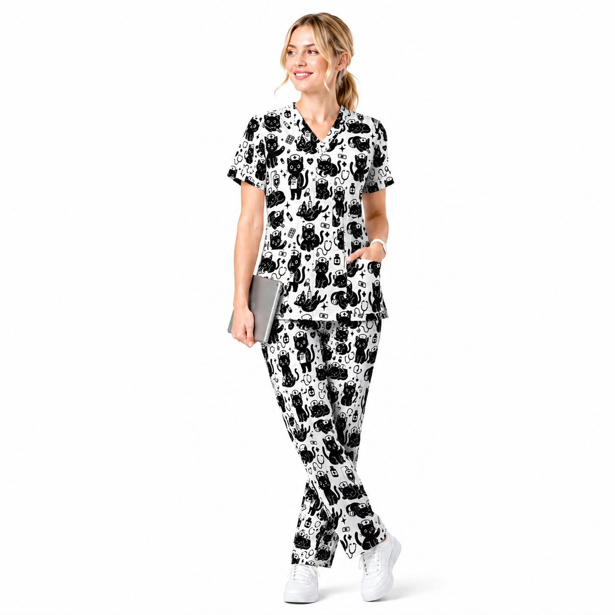 Funny Cat Pattern Scrub, Cute Black Cat Nurse Pattern Scrub Top, Breathable Fabrics Nursing Uniform