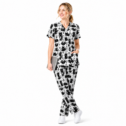 Funny Cat Pattern Scrub, Cute Black Cat Nurse Pattern Scrub Top, Breathable Fabrics Nursing Uniform