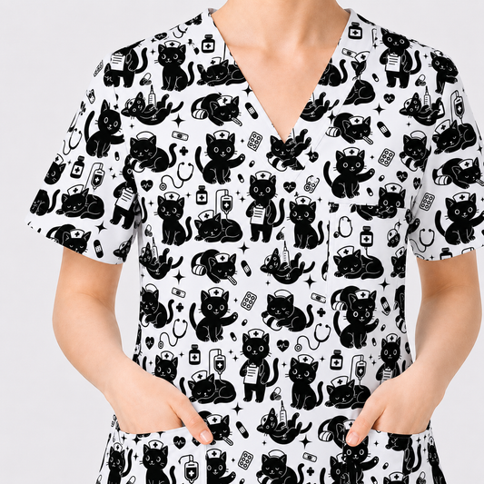 Funny Cat Pattern Scrub, Cute Black Cat Nurse Pattern Scrub Top, Breathable Fabrics Nursing Uniform