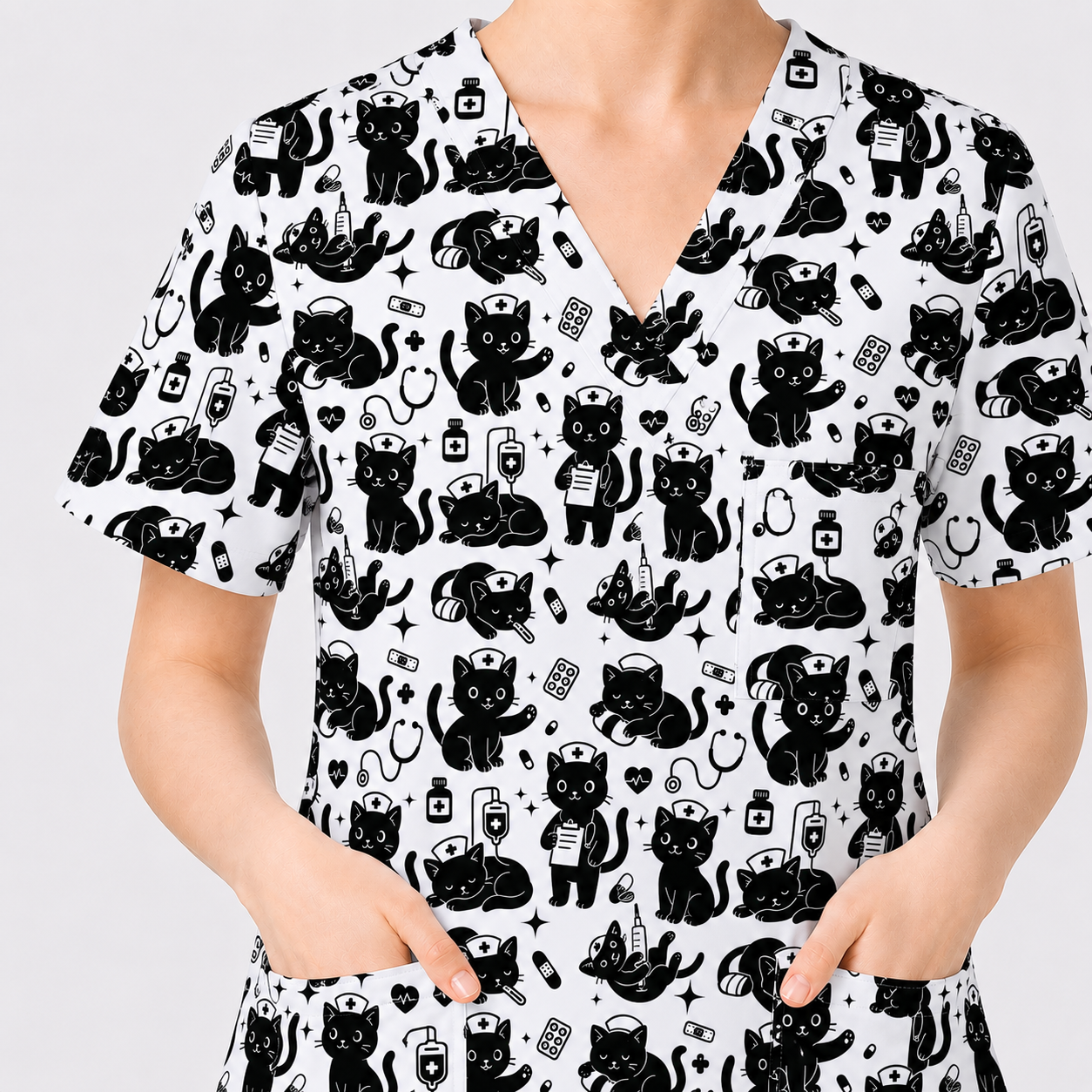 Funny Cat Pattern Scrub, Cute Black Cat Nurse Pattern Scrub Top, Breathable Fabrics Nursing Uniform