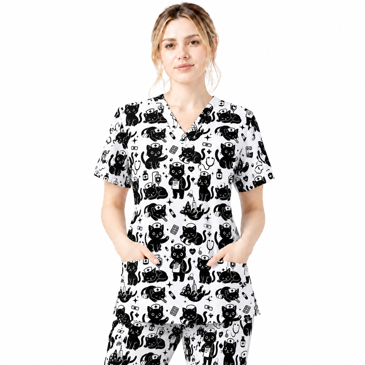 Funny Cat Pattern Scrub, Cute Black Cat Nurse Pattern Scrub Top, Breathable Fabrics Nursing Uniform