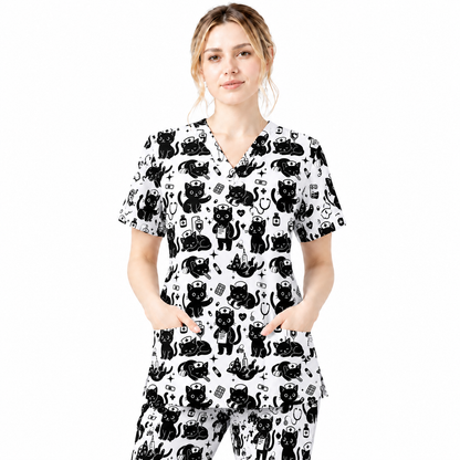 Funny Cat Pattern Scrub, Cute Black Cat Nurse Pattern Scrub Top, Breathable Fabrics Nursing Uniform
