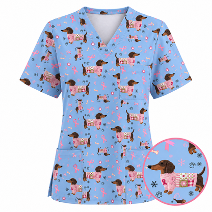 Pink Dachshund Breast Cancer Scrub Top, Puppy Dog Ribbon Nurse Shirt, Wiener Support Fight Cancer Medical Uniform Gift