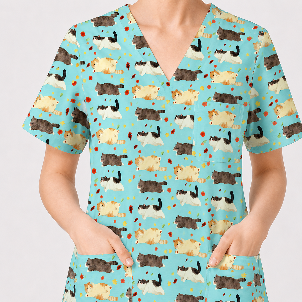 Chubby Cat Autumn Leaves Print Scrub Set, Cat Pattern Scrub For Nursing, Breathable Med Uniform
