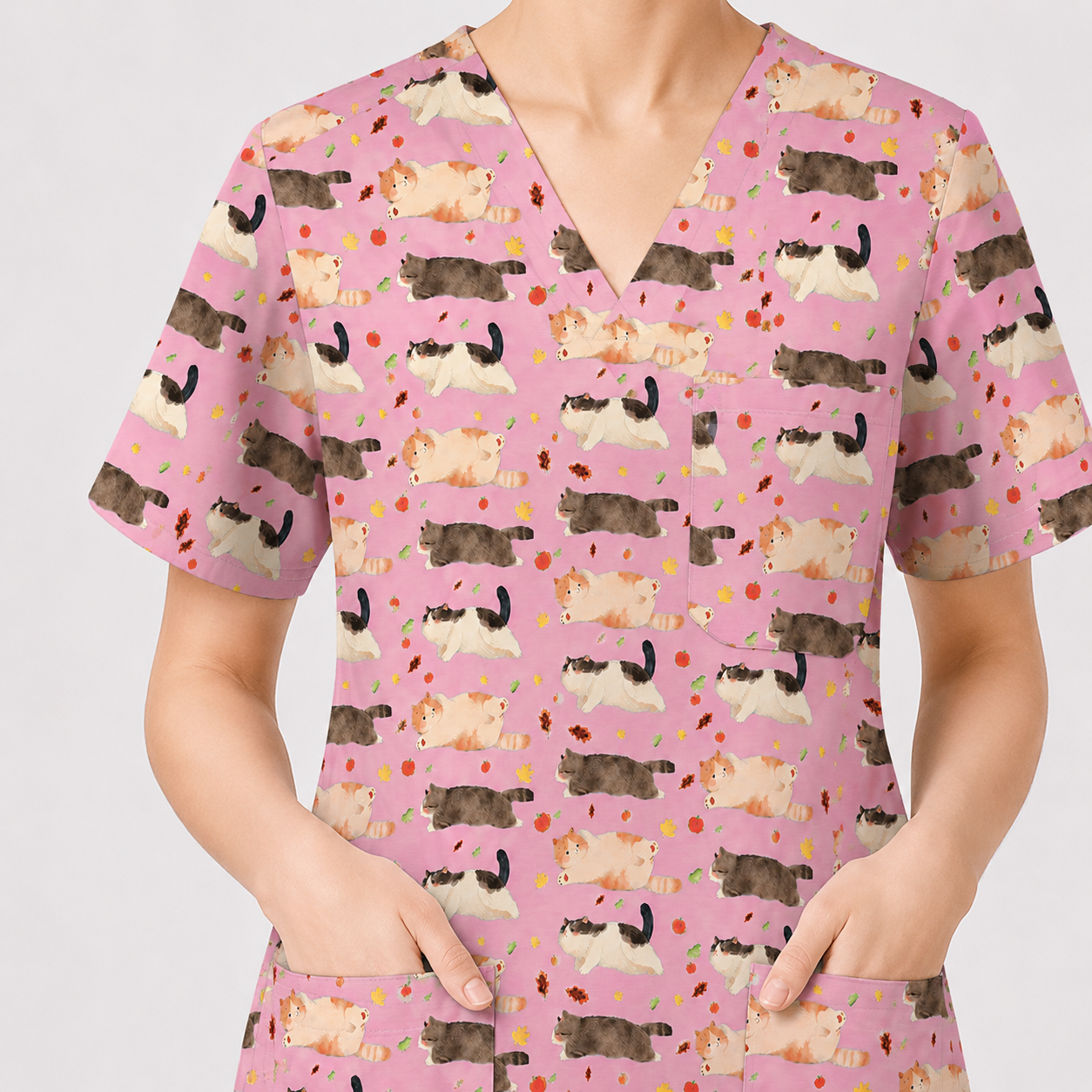 Chubby Cat Autumn Leaves Print Scrub Set, Cat Pattern Scrub For Nursing, Breathable Med Uniform