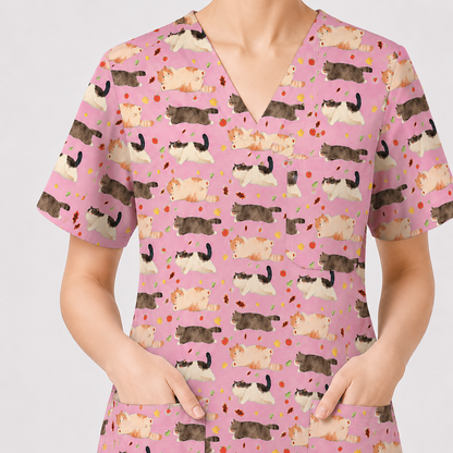Chubby Cat Autumn Leaves Print Scrub Set, Cat Pattern Scrub For Nursing, Breathable Med Uniform