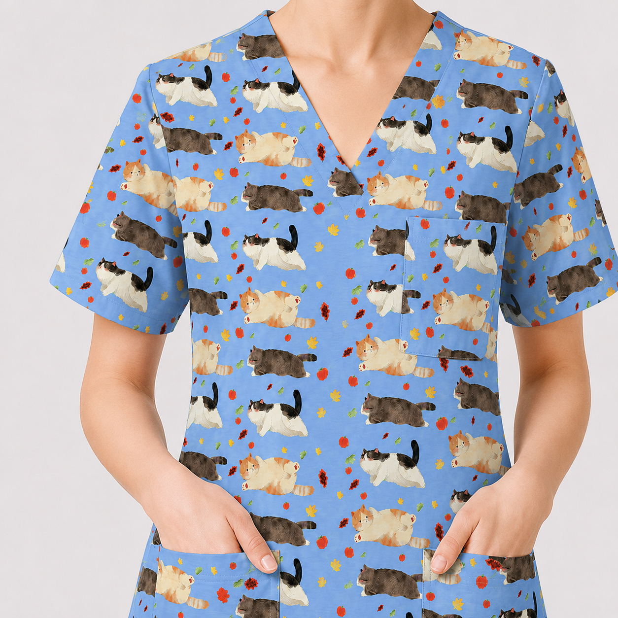 Chubby Cat Autumn Leaves Print Scrub Set, Cat Pattern Scrub For Nursing, Breathable Med Uniform