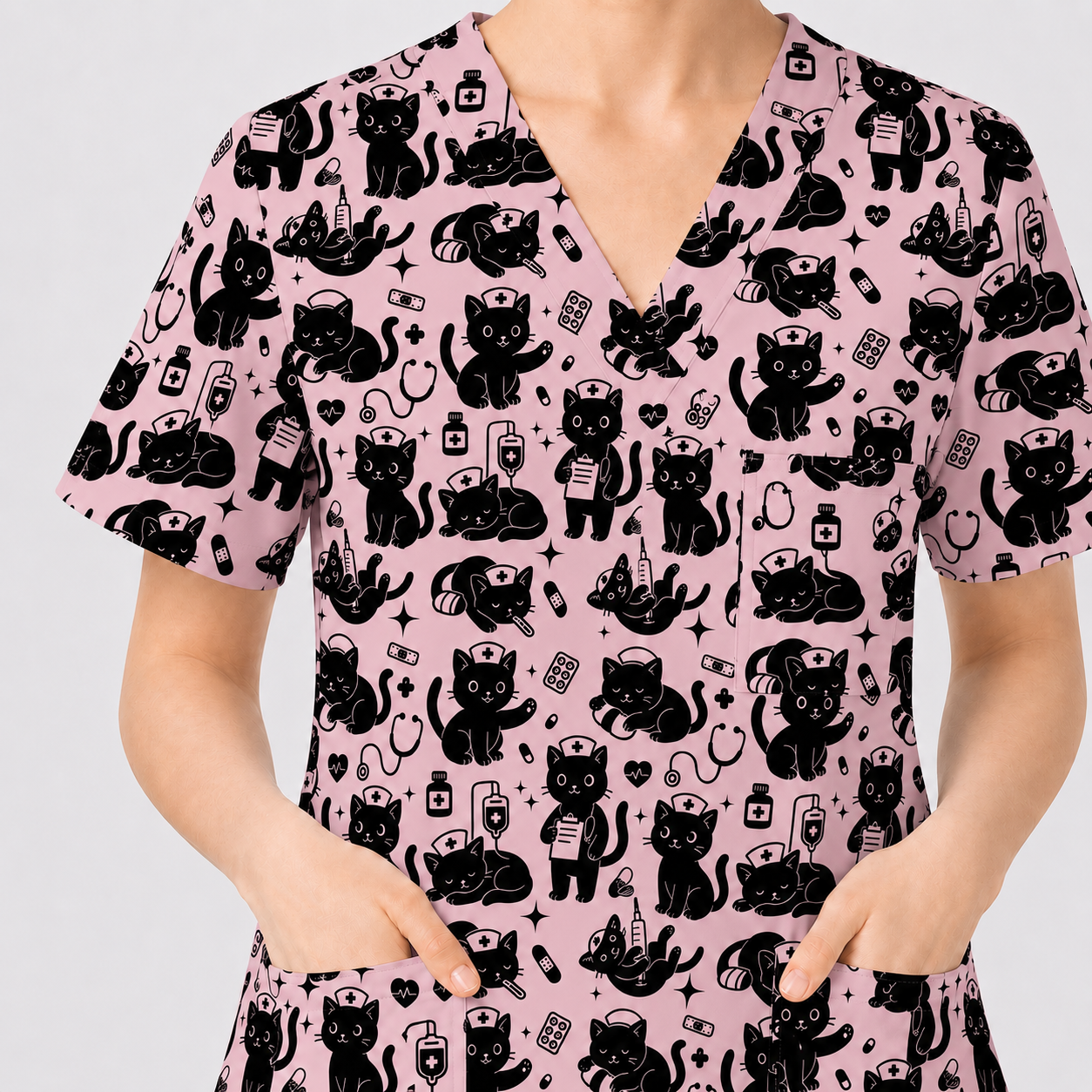 Funny Cat Pattern Scrub, Cute Black Cat Nurse Pattern Scrub Top, Breathable Fabrics Nursing Uniform