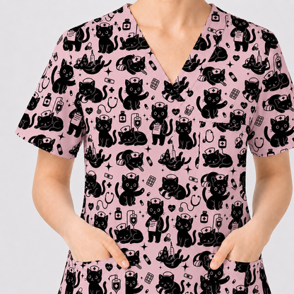 Funny Cat Pattern Scrub, Cute Black Cat Nurse Pattern Scrub Top, Breathable Fabrics Nursing Uniform