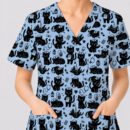 Funny Cat Pattern Scrub, Cute Black Cat Nurse Pattern Scrub Top, Breathable Fabrics Nursing Uniform