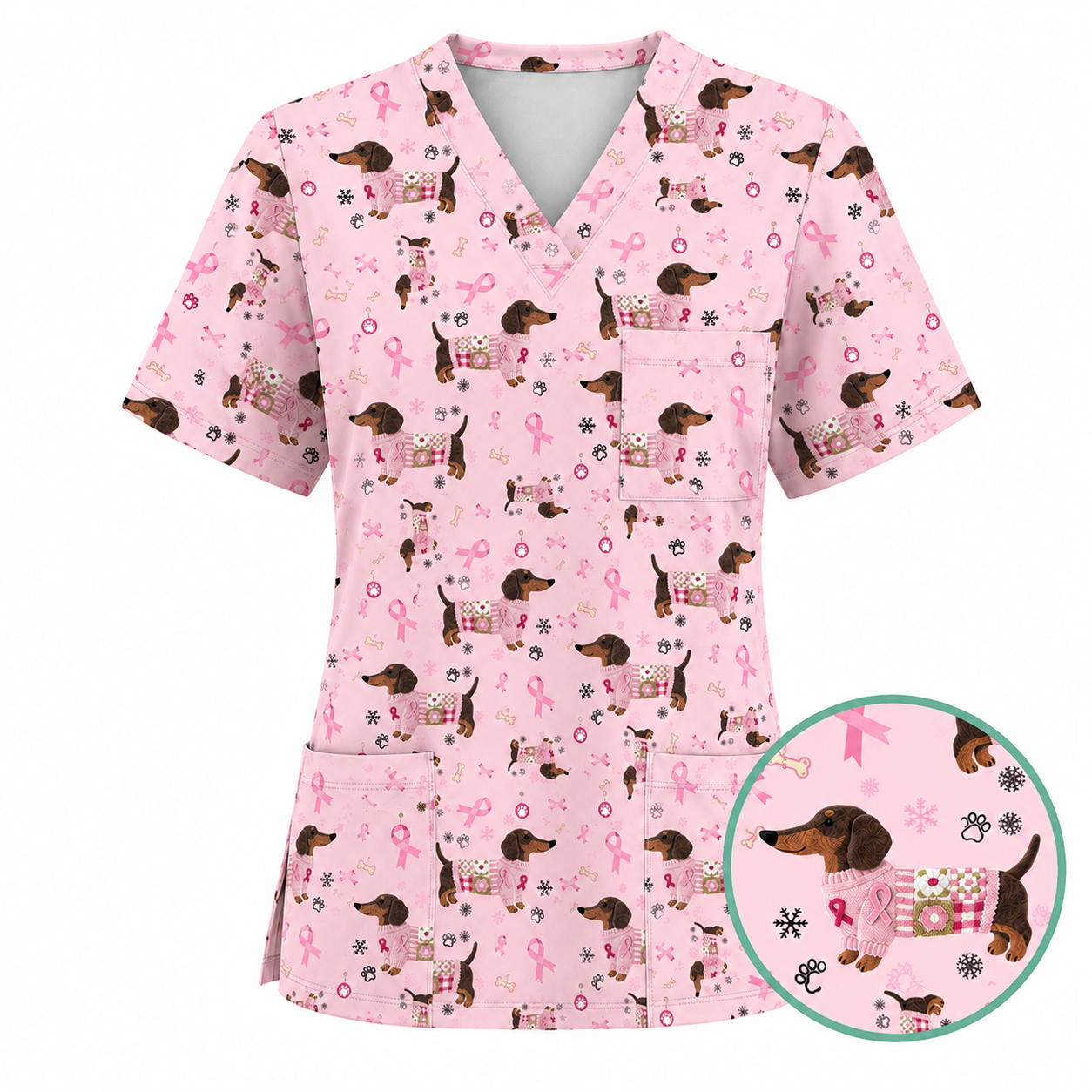 Pink Dachshund Breast Cancer Scrub Top, Puppy Dog Ribbon Nurse Shirt, Wiener Support Fight Cancer Medical Uniform Gift