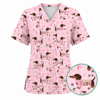 Pink Dachshund Breast Cancer Scrub Top, Puppy Dog Ribbon Nurse Shirt, Wiener Support Fight Cancer Medical Uniform Gift