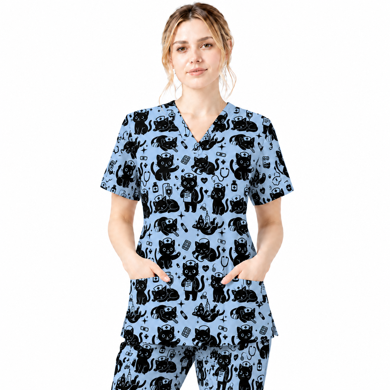 Funny Cat Pattern Scrub, Cute Black Cat Nurse Pattern Scrub Top, Breathable Fabrics Nursing Uniform