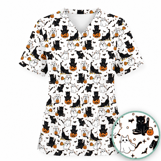 Halloween Cat Ghost Pumpkin Pattern Scrub Set, Scrub Pants and V Neck Top, Breathable Fabrics Nursing Uniform