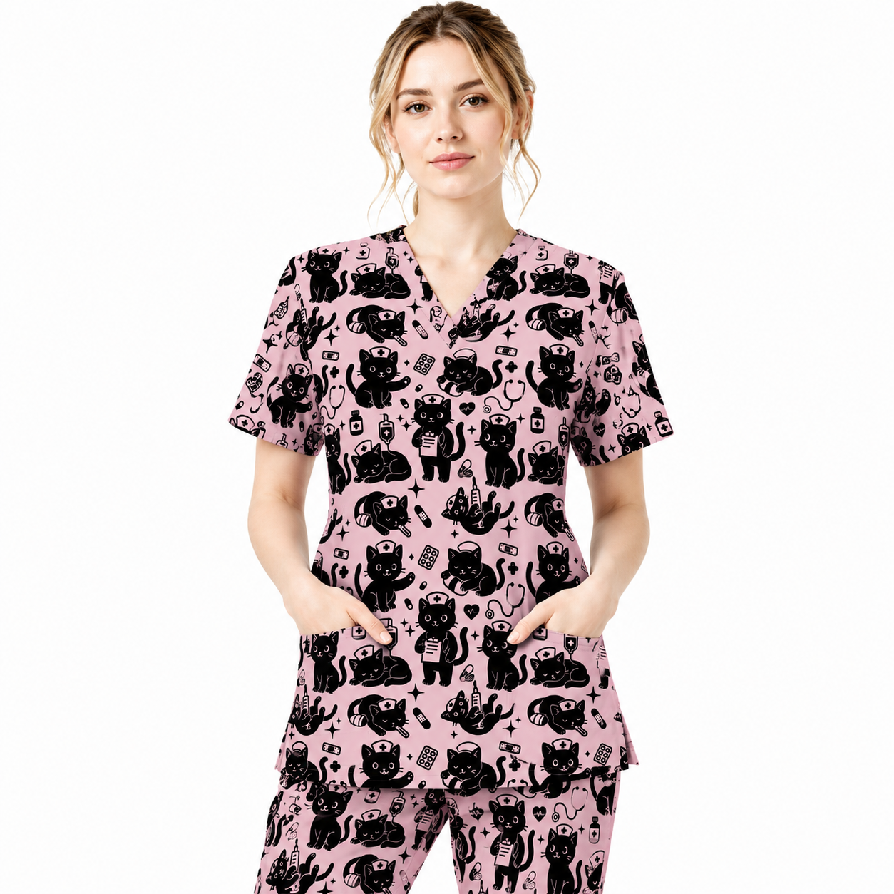 Funny Cat Pattern Scrub, Cute Black Cat Nurse Pattern Scrub Top, Breathable Fabrics Nursing Uniform