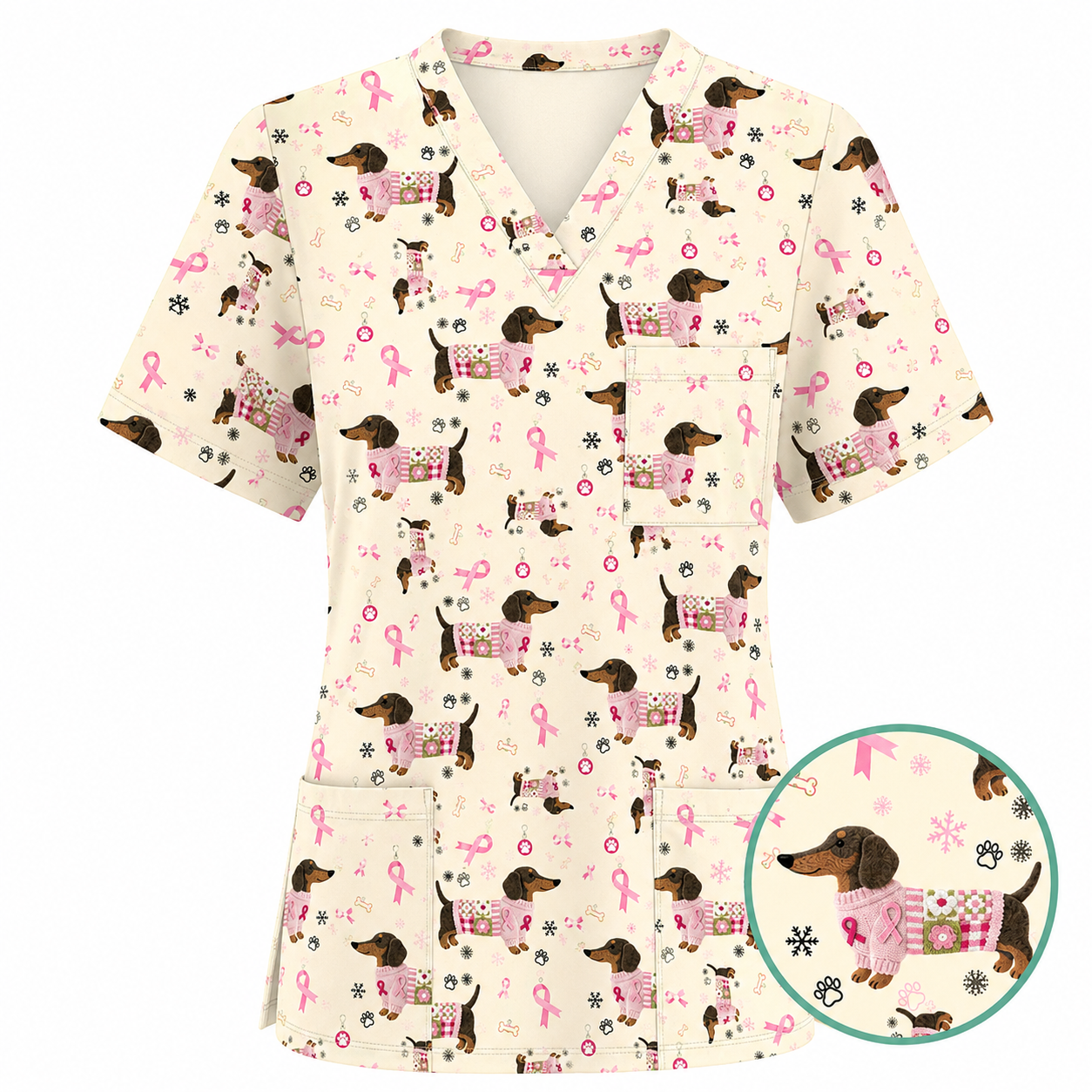 Pink Dachshund Breast Cancer Scrub Top, Puppy Dog Ribbon Nurse Shirt, Wiener Support Fight Cancer Medical Uniform Gift