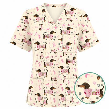 Pink Dachshund Breast Cancer Scrub Top, Puppy Dog Ribbon Nurse Shirt, Wiener Support Fight Cancer Medical Uniform Gift