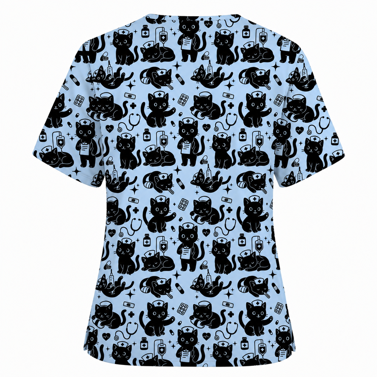 Funny Cat Pattern Scrub, Cute Black Cat Nurse Pattern Scrub Top, Breathable Fabrics Nursing Uniform