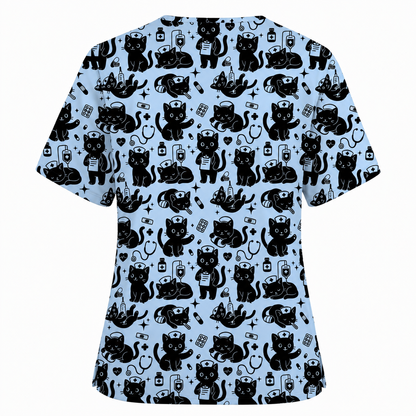 Funny Cat Pattern Scrub, Cute Black Cat Nurse Pattern Scrub Top, Breathable Fabrics Nursing Uniform