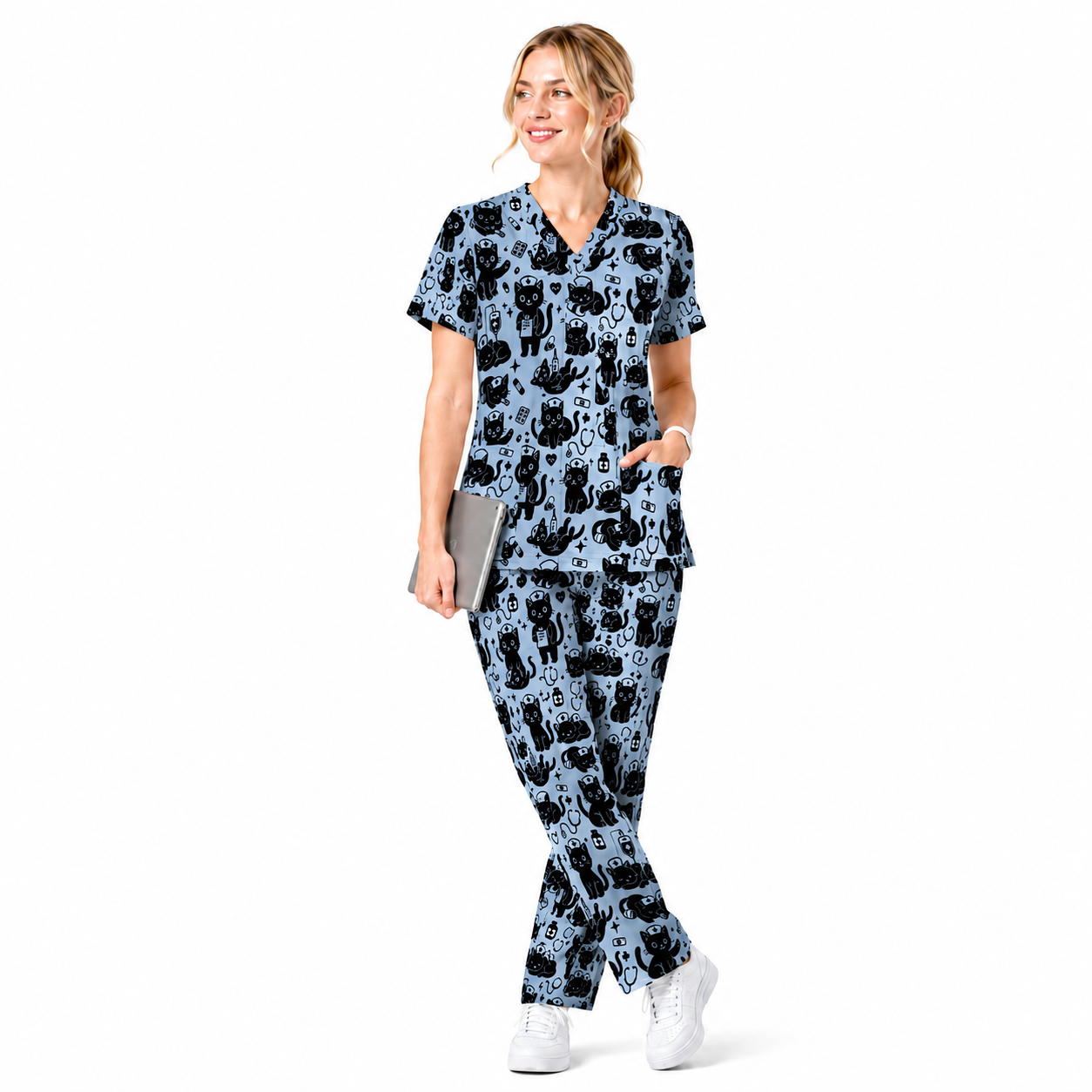 Funny Cat Pattern Scrub, Cute Black Cat Nurse Pattern Scrub Top, Breathable Fabrics Nursing Uniform
