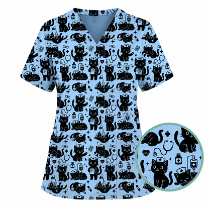 Funny Cat Pattern Scrub, Cute Black Cat Nurse Pattern Scrub Top, Breathable Fabrics Nursing Uniform