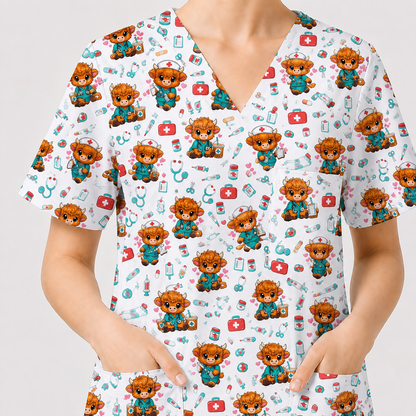 Cute Highland Cow Nurse Scrub Top, Kawaii Medical Pattern Shirt, Breathable Fabrics Nursing Uniform