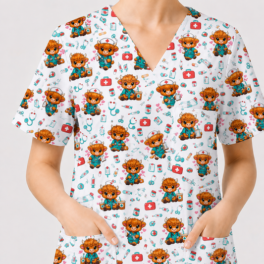 Cute Highland Cow Nurse Scrub Top, Kawaii Medical Pattern Shirt, Breathable Fabrics Nursing Uniform