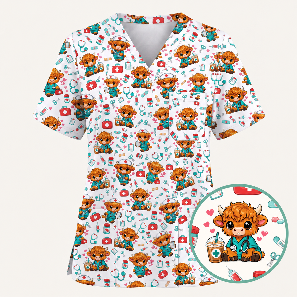 Cute Highland Cow Nurse Scrub Top, Kawaii Medical Pattern Shirt, Breathable Fabrics Nursing Uniform