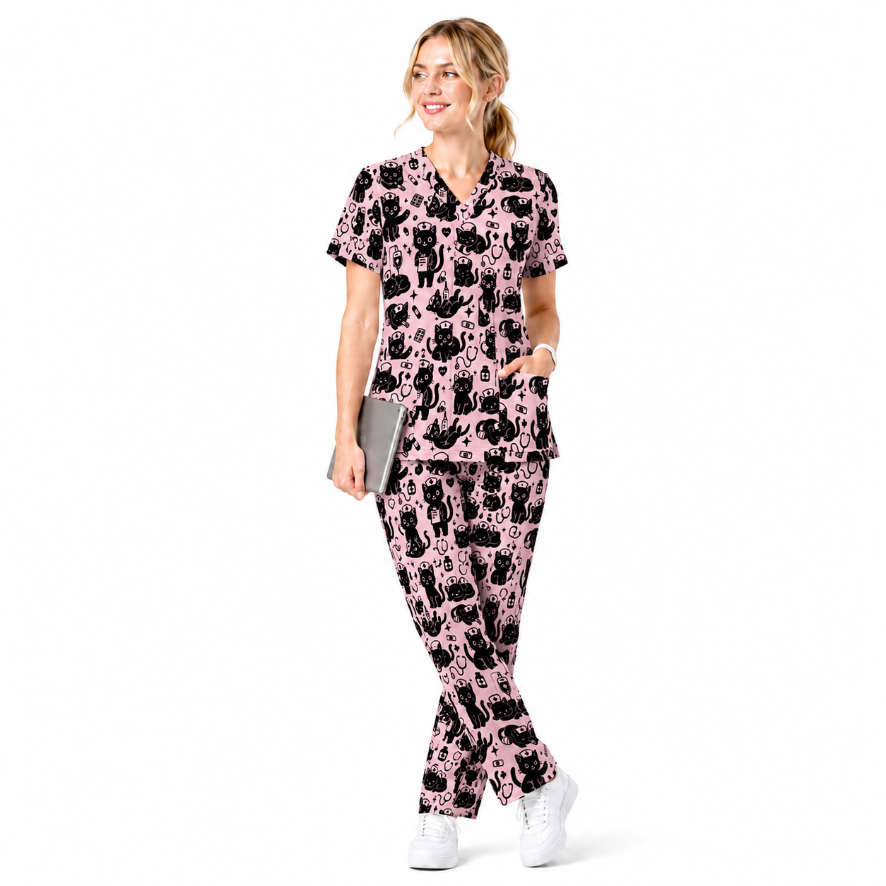 Funny Cat Pattern Scrub, Cute Black Cat Nurse Pattern Scrub Top, Breathable Fabrics Nursing Uniform