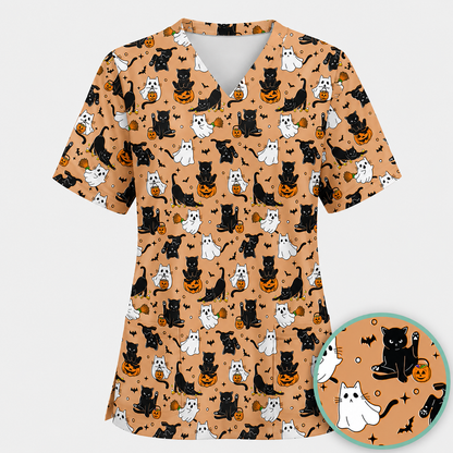 Halloween Cat Ghost Pumpkin Pattern Scrub Set, Scrub Pants and V Neck Top, Breathable Fabrics Nursing Uniform