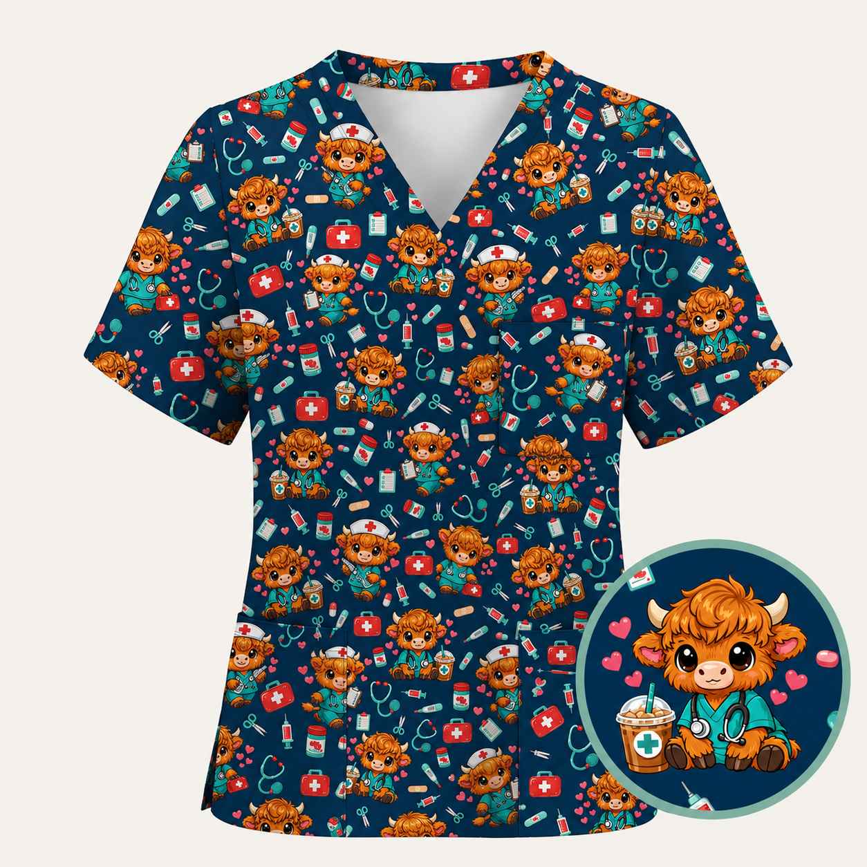 Cute Highland Cow Nurse Scrub Top, Kawaii Medical Pattern Shirt, Breathable Fabrics Nursing Uniform