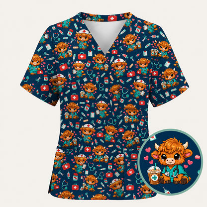 Cute Highland Cow Nurse Scrub Top, Kawaii Medical Pattern Shirt, Breathable Fabrics Nursing Uniform