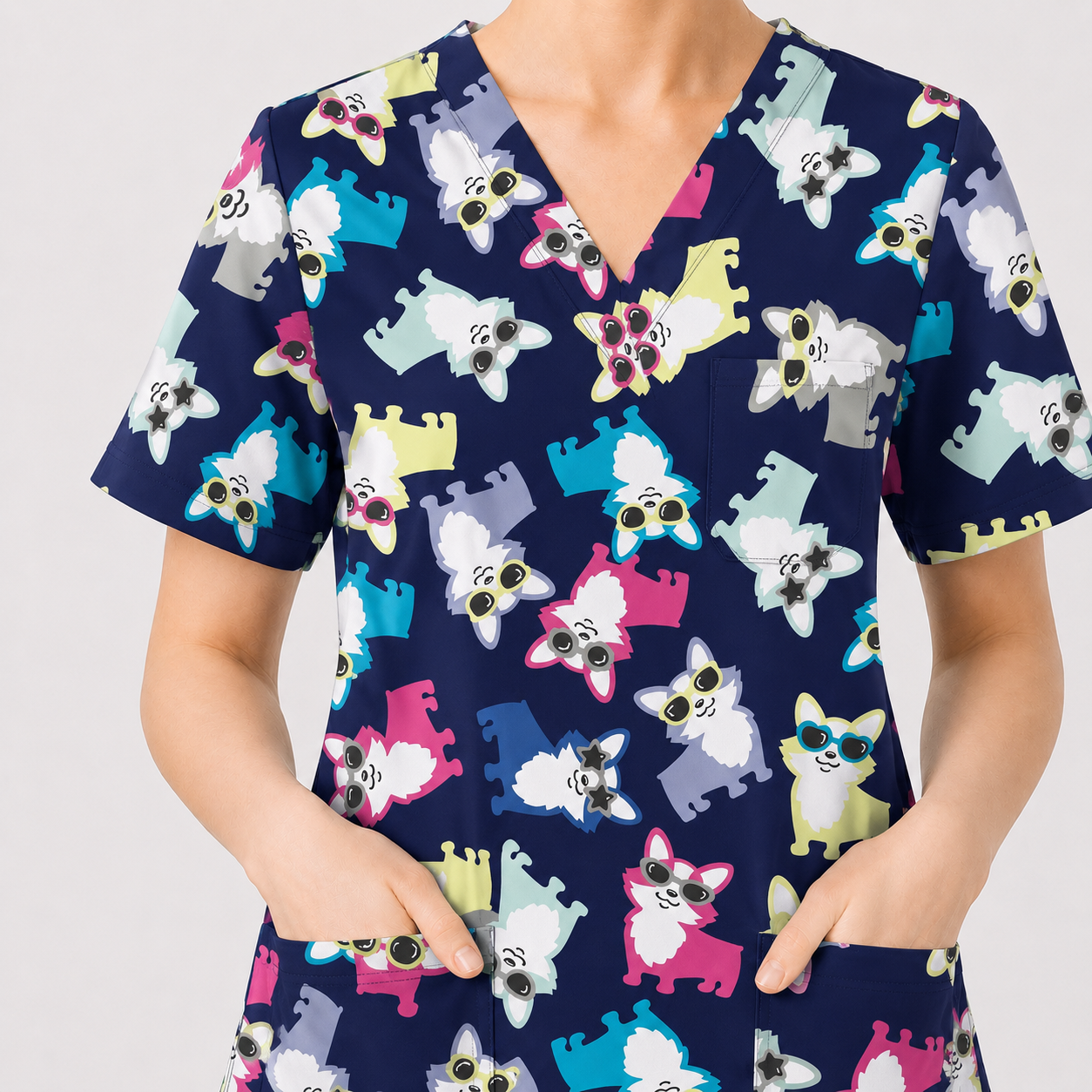 Funny Dog Print Scrub Top, Cute Puppy Pattern Nursing Uniform, Breathable Medical Scrubs for Women