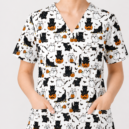 Halloween Cat Ghost Pumpkin Pattern Scrub Set, Scrub Pants and V Neck Top, Breathable Fabrics Nursing Uniform