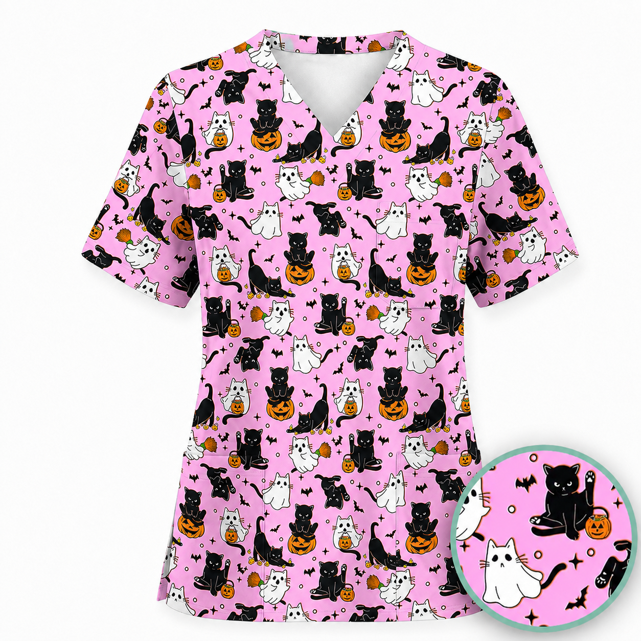 Halloween Cat Ghost Pumpkin Pattern Scrub Set, Scrub Pants and V Neck Top, Breathable Fabrics Nursing Uniform