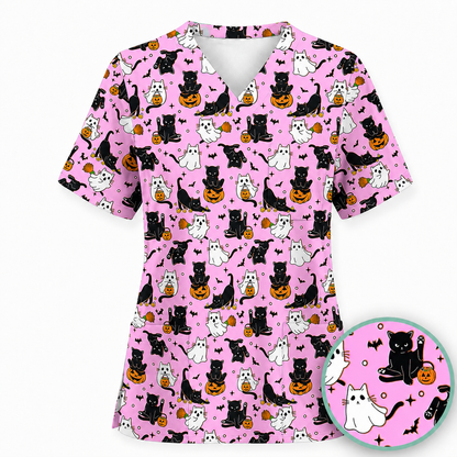 Halloween Cat Ghost Pumpkin Pattern Scrub Set, Scrub Pants and V Neck Top, Breathable Fabrics Nursing Uniform