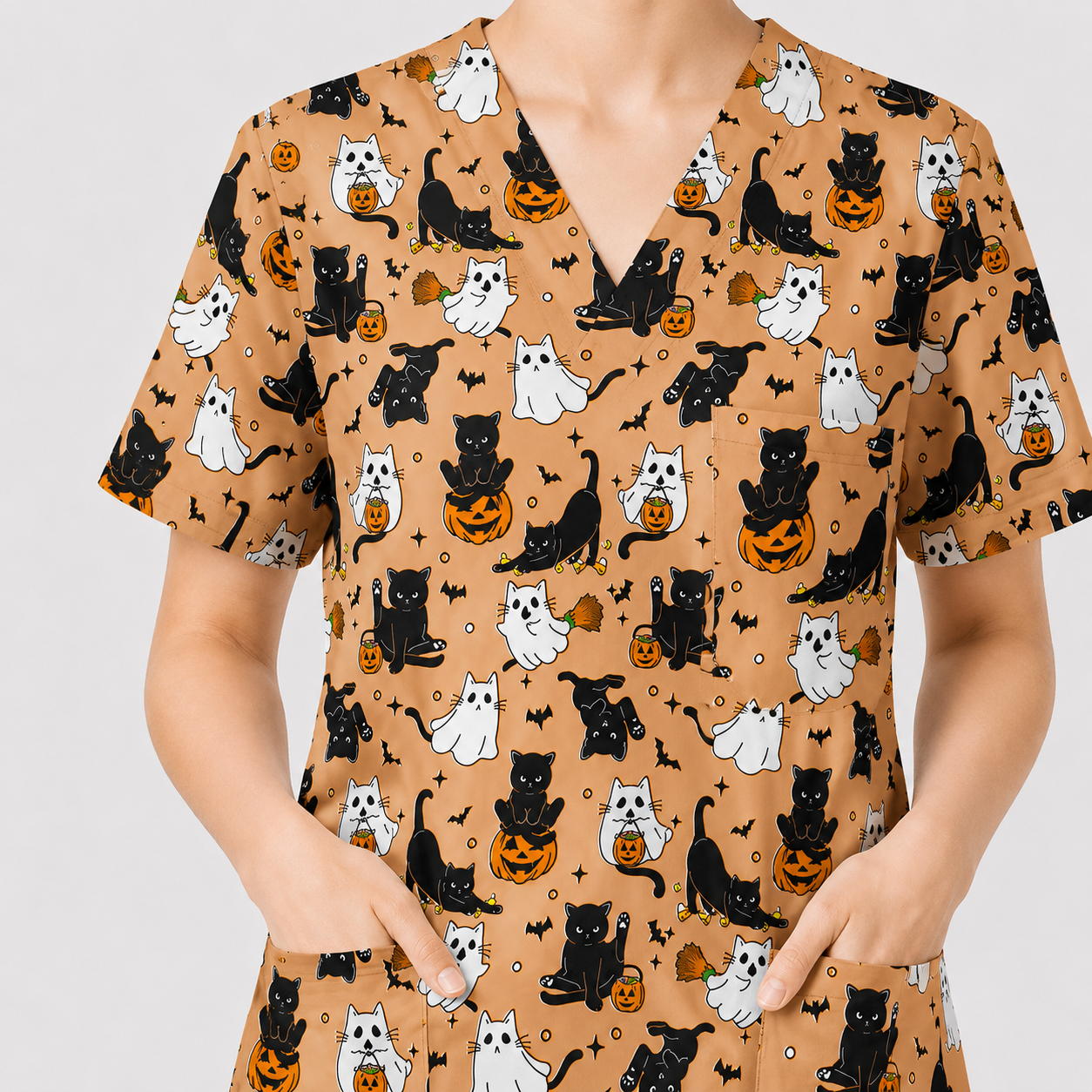 Halloween Cat Ghost Pumpkin Pattern Scrub Set, Scrub Pants and V Neck Top, Breathable Fabrics Nursing Uniform