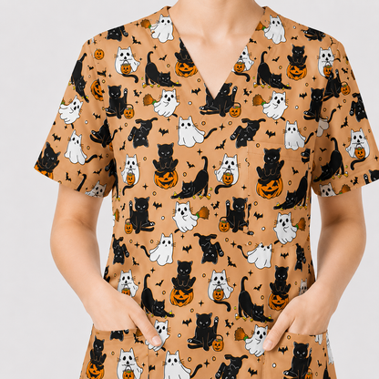 Halloween Cat Ghost Pumpkin Pattern Scrub Set, Scrub Pants and V Neck Top, Breathable Fabrics Nursing Uniform
